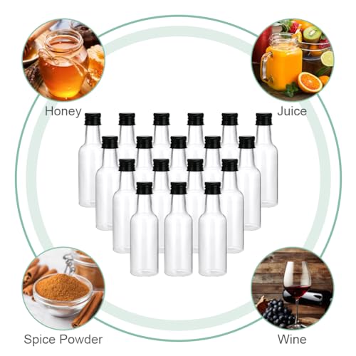 HOTUT Mini Fläschchen Likörflaschen,18 Stück Kleine Flaschen zum Befüllen,50 ml leere kleine Schnapsflaschen mit Deckel,Trichtern,wiederverwendbare Plastikflaschen für Saft/Likör/Ingwer Shots/Whiskey