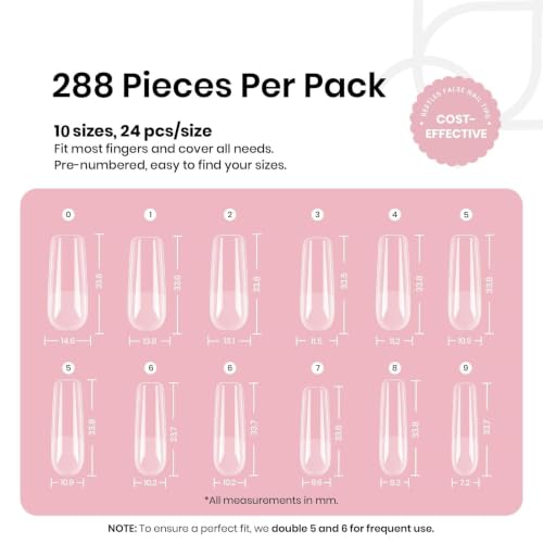 Image of Beetles Gel Nail Tips Long Square 10 Sizes, 288Pcs Pre Shaped Half Matte