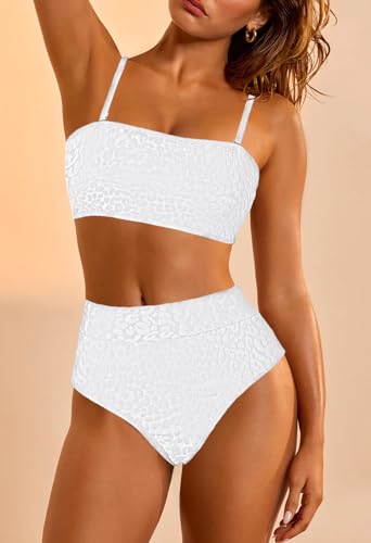 Pink Queen Women 2 Piece Bandeau Swimsuits Strapless Textured Bikini Set High Waisted Bathing Suits3