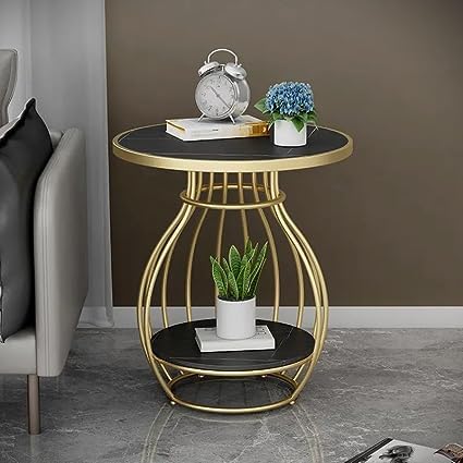 CROWN ART SHOPPEE Round Metal Side/Coffe Table, in-Lay Top, Home Decor Accent Furniture for Living Room, Bedroom & Office Golden and Black