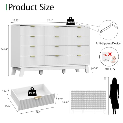 Image of Xixini Fluted Dresser for Bedroom with 12 Drawers, 57 inch Wide Modern Chest of Drawers with Metal Handle, Wooden Dresser TV Stand, Wood Closet Clothes Storage Organizer for Living Room, Hallway, White