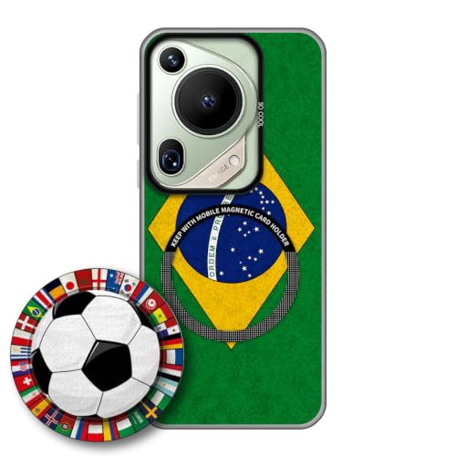 JGOYGYI Case for Huawei PURA 70 Ultra with Magnetic Detachable Collapsible Grip Stand, Shockproof Silicone Bumper Cover, Brazil Flag Football Design,Pattern 3