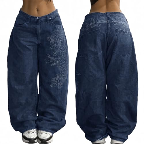 Image of EMMIOL Women Hip Hop 90s Vintage Baggy Jeans Denim Pants Mid Waist Jeans