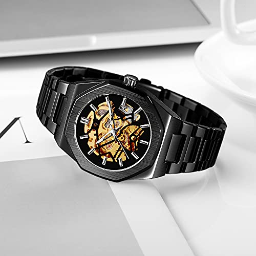 Tiong Mens Watch Luxury Skeleton Mechanical Stainless Steel Waterproof Black Automatic Self-Winding Wrist Watches for Men