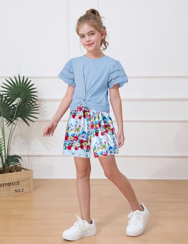 Image of mksodop Girls Clothes 2-Piece Teen Girls clothes Lace Hollow Short-Sleeved Twist T-Shirt And Floral Short Girl Summer Outfits