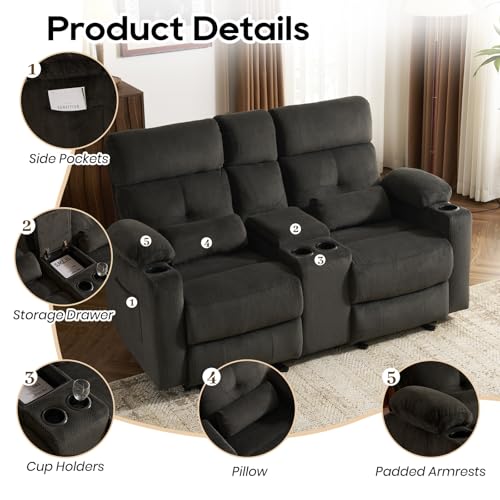 Home Theater Seating Loveseat Recliner Sofa, Power Reclining Couch with Massage & Heat, USB Charging Port, 2 Lumbar Support Pillows, Center Console, Cup Holder, Side Pocket, for RVs, Movie Room - Thumbnail 4