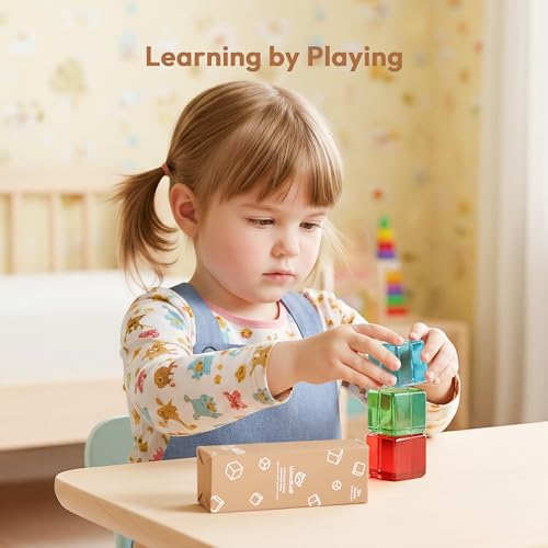 Image of Woodtoe Large Building Blocks for Toddlers, Montessori Stacking Toys for 1 2 3 4 Year Old Baby Boys Girls, No Choking Hazard, Big Acrylic Gem Cubes Rainbow Blocks, STEM Sensory Toy Gifts for Kids 1-3