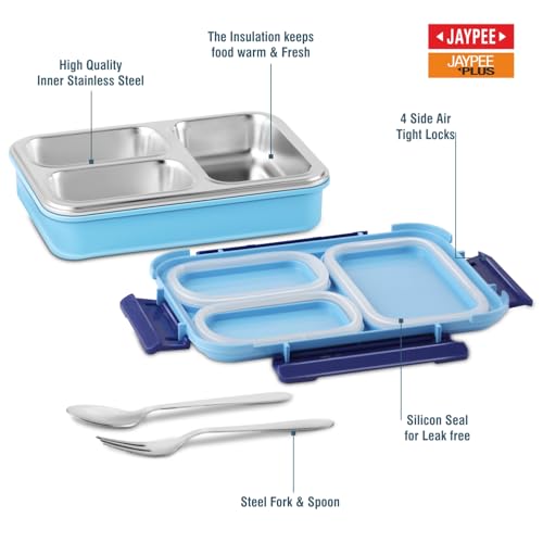 Image of JAYPEE Toon Box 3 Marvel Series Power Avengers Inner Stainless Steel Insulated 3 Cavity Lunch Box for School Kids |Airtight Leakproof Tiffin Box with 2 Additional Lock|100% Food Grade|625 ml, SkyBlue