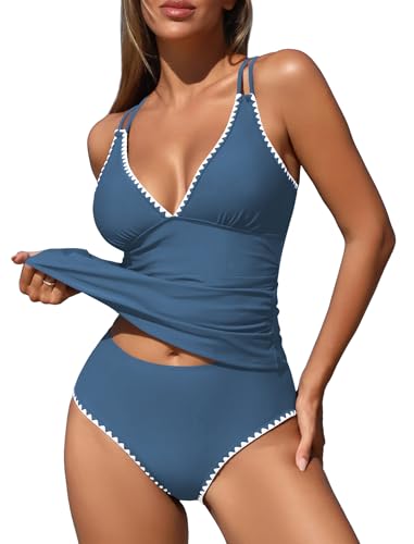 Image of ZAFUL Womens Tankini Swimsuits V Neck Push Up Swim Top Color Block Tummy Control High Waisted Bathing Suits Swim Bottom