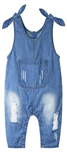 KIDSCOOL SPACE Baby Girls Big Bib Pocket Ripped Bowknot Decor Jeans Overalls,Blue,18-24 Months
