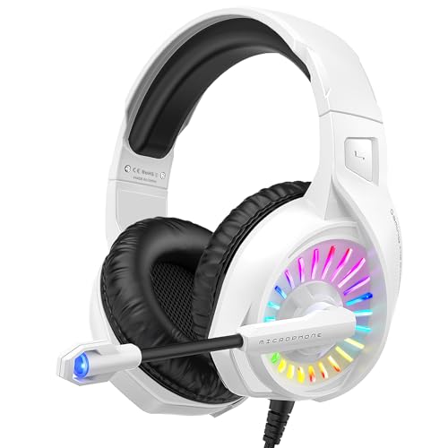 ZIUMIER Z20 White Gaming Headset for PC PS4 PS5 Xbox One Xbox Series S/X, Wired Over-Ear Headphone with Noise Canceling Microphone, RGB LED Light, Bass Surround Sound