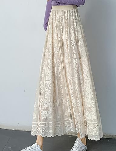 Kisidoo Women's High Waist Pleated A-Line Long Maxi Lace Skirt3