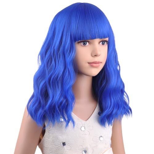 Image of PATTNIUM Dark Blue Wig Kids Child Wig Short Curly Wavy Wig Blue Wig for Kids Dark Blue Wig with Bangs Synthetic Hair Girls Wig (Dark Blue)