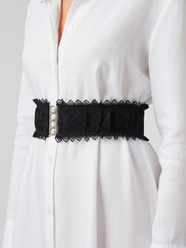 Urieo Elegant Black Lace Waist Belt with Metal Buttons, Stretchy Corset Style Cinch Belt3
