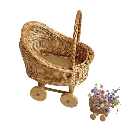 Kinderwagenförmiger Blumenkorb, Vintage Puppenwagen Korb aus Rattan, Blumenmädchen-Hochzeitsgeschenkkorb, Babyparty Spielhaus Deko (L)