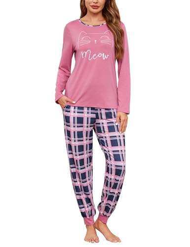 Leversic Pijama de Mujer Invierno 2 Piezas Algodón Conjunto de Pijama Cuello Redondo Top Pijama Manga Larga y Pantalones de Pijama con Bolsillos(Rosa,XL)