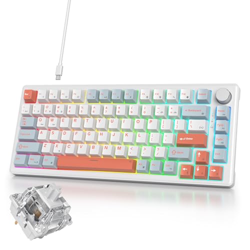 Image of 75% White Blue Creamy Mechanical Keyboard Wired, Creamy Sound Gasket Gaming Thocky Keyboard with Knob, Hot Swappable RGB Custom Keyboard, Pre-lubed Cream Switch Keyboard (82 Light Blue)