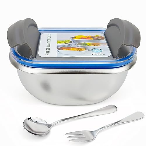 Lunbengo 1700ml Large Stainless Steel Food Storage Container with Lid, Metal Bento Box Lunch Container for Adults, Reusable Meal Prep Container with Spoon&Fork, 6.1''x8.7''