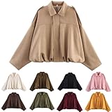 Generisch Bomberjacke Wildlederjacke für Damen Kurz übergangsjacke Damen mäntel Revers Lederjacke mit Zip Tasche Fashion Frühlingsjacke Damen Lange Ärmel lässig Übergröße Y2k Jacke