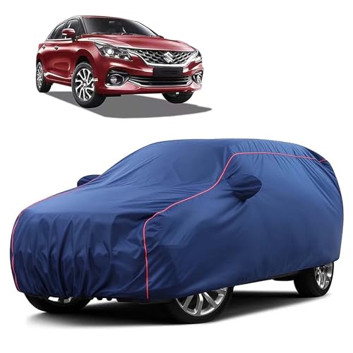 Image of Sulfar 100% Water Resistant Car Body Cover Compatible with Mirror for Maruti Suzuki Baleno (Triple Stitched, Full Bottom Elastic, Blue Taffeta with Red Piping)