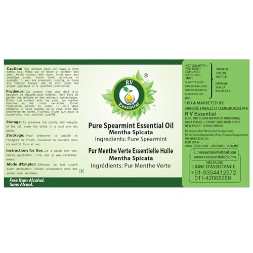 Image of R V Essential Pure Spearmint Essential Oil 10ml- Mentha Spicata (100% Pure and Natural Steam Distilled) For Skin Face Hair Body Nails Scalp Massage Aromatherapy Diffuser Soap Candle Perfume Making
