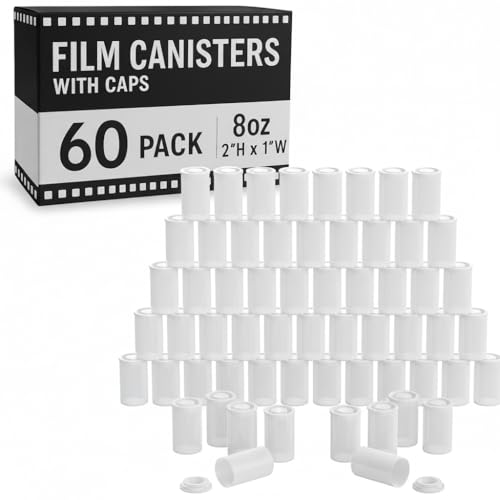 Houseables Film Canisters with Caps Film Canisters 35mm Case Containers with Lids Cannister for Rockets Empty Camera Reel Holder Coin Storage White Plastic Bottle 8oz 2Hx1W 60 Pack Bulk