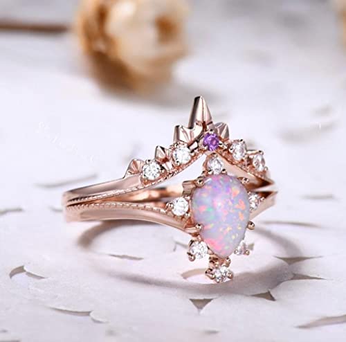 Unique Pear Opal Engagement Ring Set Vintage Teardrop Fire Opal Wedding Bridal Set Dainty Women Ring Art Deco Promise Ring Sterling Silver3