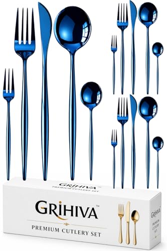 Image of 15 Pcs Blue Cutlery Set for Dining Table the Perfect Lightweight Silim Handle Tableware Including Dinner Spoon, Dinner Fork, Dinner Knife, Dessert Spoon & Dessert Fork