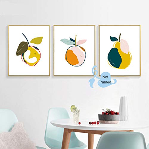 Xun Colorful Fruit Art Print-- Abstract Orange Pear Lemon Botanical Canvas Wall Art--(8”X10”X3 Pieces, Unframed)--Perfect For Kids Room Kitchen Decoration #TOP1