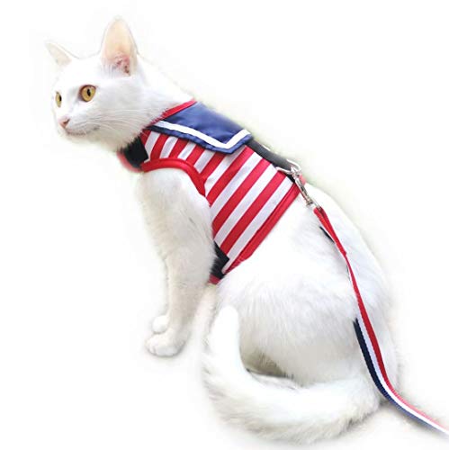 Image of Cat Harness and Leash for Walking Escape Proof, Adjustable Cat Vest Harness, Padded Stylish Cat Walking Jackets, Sailor Suit Red, Medium