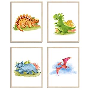 WIETRE® Set van 4 afbeeldingen dinosaurussen kinderkamer babykamer decoratie | afbeelding jongen meisjes poster DIN A4…