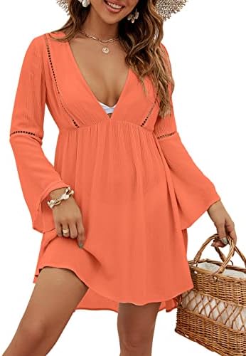 MEROKEETY Women’s Swimsuit Cover Ups V Neck Bell Sleeve Bathing Suit Coverup Swimwear Beach Dress