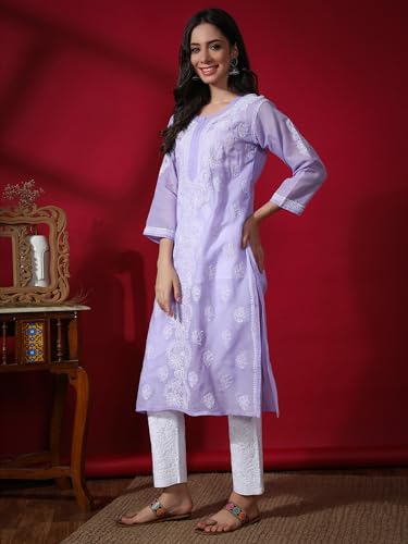 Image of Seva Chikan Hand Embroidered Lucknowi Chikankari Appricot Cotton Kurta Kurti for Women SCL4321