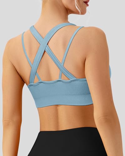 Image of WANAYOU High Support Sports Bras for Women Cross Back Workout Sports Bra | High Impact, No Bounce, Compression, Criss Cross Back, Gym, Athletic, Running, Removable Pads, Ribbed, Moisture Wicking