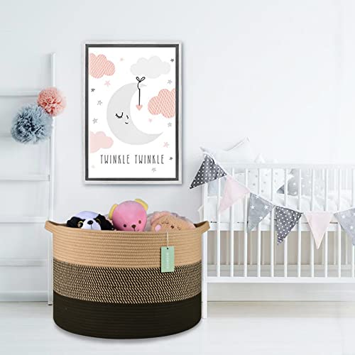Image of Large Cotton Rope Blanket Basket, 87L Laundry Hamper, Brown & Black