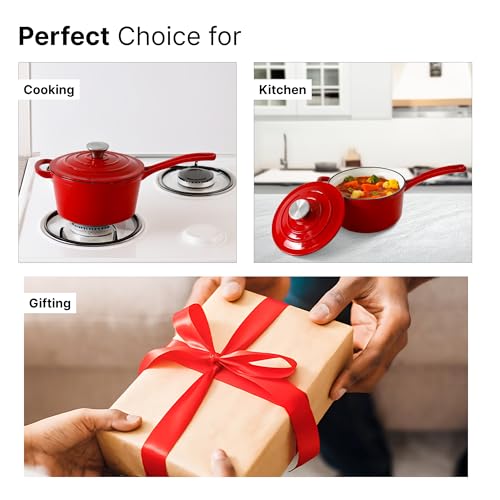 Image of The Better Home Rustic Series Grill Pan Cast Iron | Enamel Coated Cast-Iron Non Stick Pan with Silicon Sleeve | Gas & Induction Cookware with Long Ergonomic Handle | Saucepan with Lid (Red)