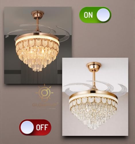 Image of Glowave 52 Inch Black Gold Crystal Chandelier Fan 3 Colors Light Speed Setting 6 Fan Blades Remote Control Ceiling Fan for Kitchen, Cafes, Hotels, Dining, Bar (FI 7680)