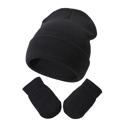 Image of Baby Beanie Hat Gloves Set, Kids Winter Warm Knit Hat with glvoes,Toddler Soft Beanie for Little Boys Little Girls Children