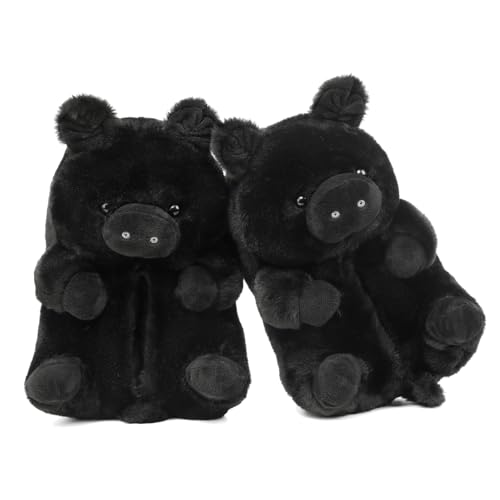 ROVANCHY Fuzzy Womens Cute Pig Slippers - Cozy Warm Winter Indoor House Shoes with Non-Slip Sole Cartoon Novelty Perfect Birthday Christmas Holiday Gift (Black Sizes 9-12)