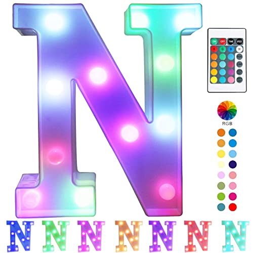Image of Pooqla Colorful LED Marquee Letter Lights with Remote - Light Up Marquee Signs - Party Bar Letters with Lights Decorations for The Home - Multicolor N