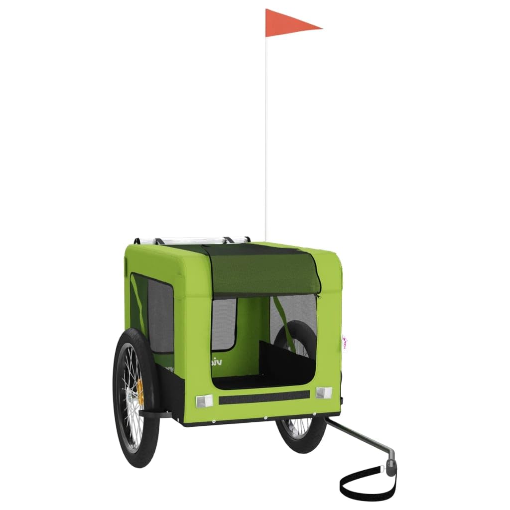 vidaXL Pet Bike Trailer, Pet Cart Carrier for Small Dogs, Pet Bike Trailer with Flag, Dog Bicycle Wagon, Green and Black Oxford Fabric and Iron