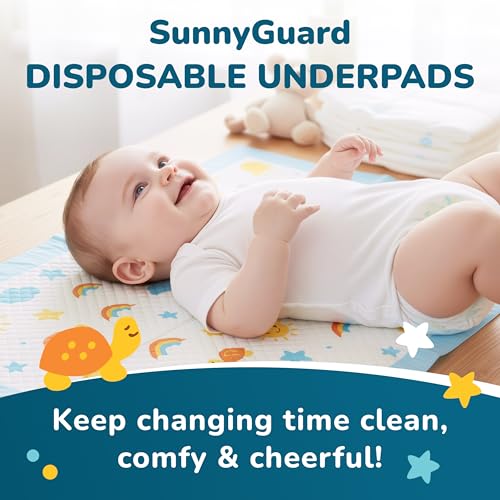 Image of SunnyGuard Disposable Changing Pads for Baby 13 x 18 Inches, 50 Diaper Changing Pad with Unique Design & 6 Layers of Protection for Nursery Use, Travel Changes & Pee Pad Protection, 33 x 46 CM