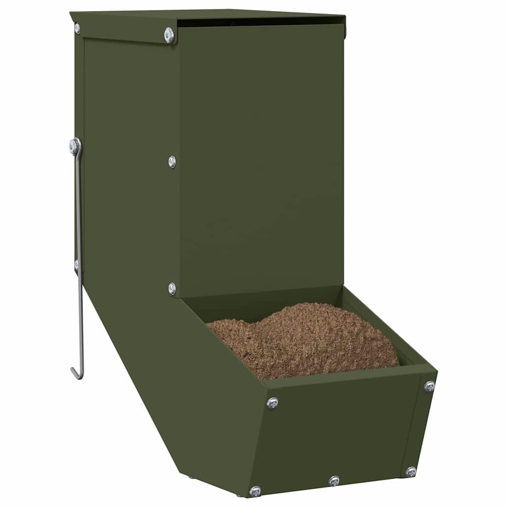 Comedero para conejos verde oliva de acero laminado en frío, 12,5 x 26 x 28,5 cm, resistente a la intemperie, para interior y exterior, con montaje en pared y práctico comedero para mascotas