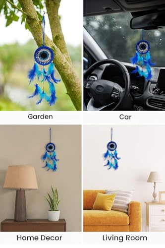 Image of Handmade Evil Eye Dream Catcher for Car & Home Decor - Blue Feather Hanging Ornament for Protection, Positive Vibes & Interior Decoration