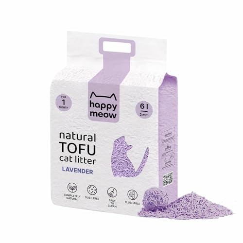 HAPPY MEOW Areia de tofu para gatos (6 l / 2,5 kg) - natural e biodegradável - glomerante instantâneo, baixo em pó, controlo de odores duradouro, ultra absorvente, descartável em casa de banho