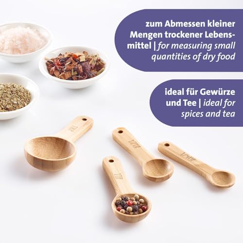 Westmark Messlöffel-Set Woody – 4 hochwertige Dosierlöffel mit Beschriftung, ideal für trockene Zutaten und Gewürze, 1, 1/2 und 1/4 Teelöffel plus 1 Esslöffel – Bambus, 4 Stück