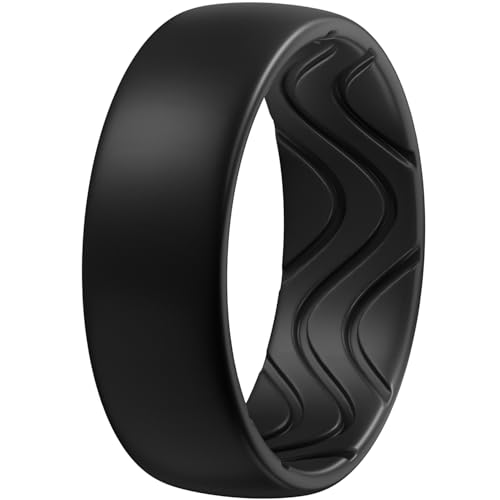 Egnaro Men's Silicone Rings 8mm Wide 2.5mm Thick, Black Elastic Rubber Weeding Bands Breathable Grooves For Gym Workout