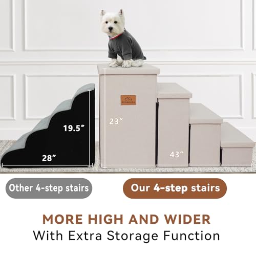 Image of Zerbuger Dog Stairs with Storage 23 inch H, 4-Step Wider Dog Steps for High Beds Window, Folding Sturdy Pet Stairs Gift for Small /Medium /Large Old Dogs Cat, Ramp for Climbing Car Up to 200 lbs, Beige