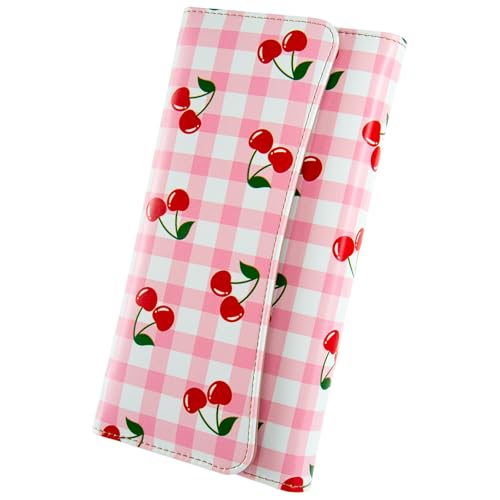 Image of Womens Wallet Leather RFID Blocking Trifold Ladies Purse long Clutch Credit Card Holder Phone Checkbook Organizer (Sweet Pink Gingham Red Cherries)