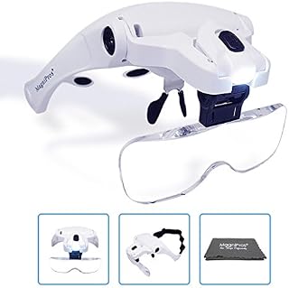 MagniPros LED Illuminated Headband Magnifier Visor with Bonus Cleaning Cloth and 5 Detachable